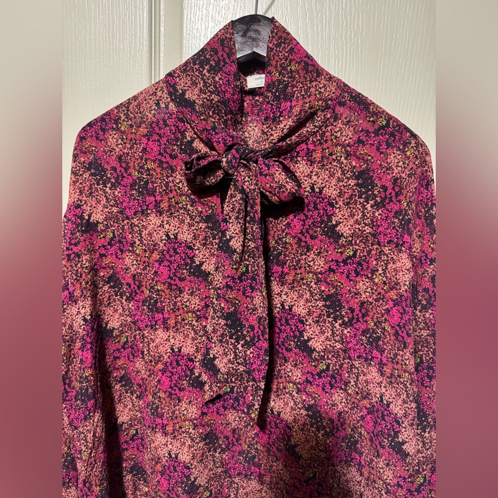 Aritzia Black and Pink Floral Tie-Neck Blouse